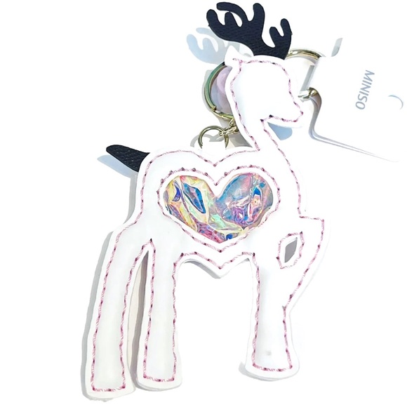 Miniso Cute Deer Bag Charm Heart Glitter Confetti Sequins Pink White Keychain - Picture 4 of 12
